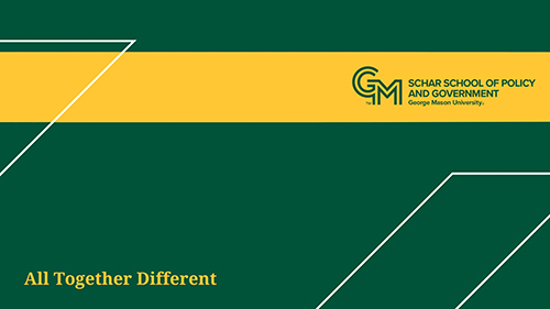 A background image with the George Mason logo on the top right above a gold bar which is on top of a green background