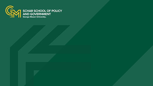 A background image with the George Mason logo on the top left on top of a green background