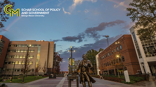 An image of the George Mason Fairfax Campus with the George Mason statue in the middle and the George Mason logo on the top left