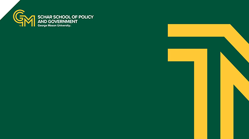 A background image with the George Mason logo on the top left and half of the Mason "M" in gold on the right