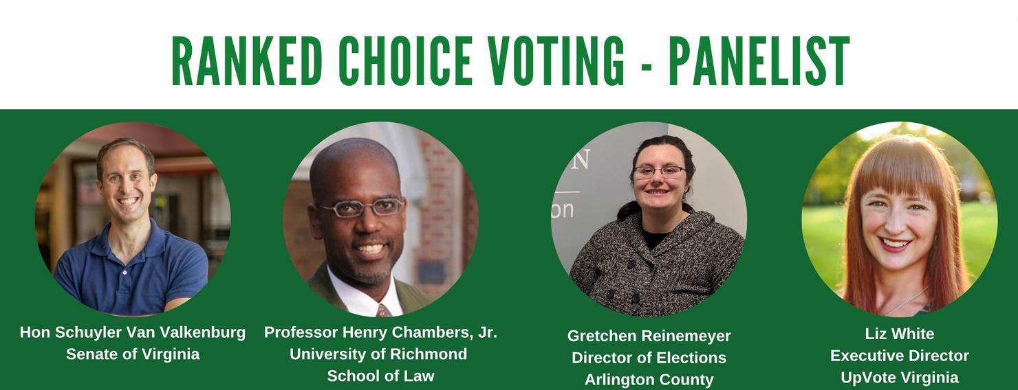 A collage of the Ranked Choice Voting panelists. From left to right is Hon Schuyler Van Valkenburg; Professor Henry Chambers, Jr.;Gretchen Reinemeyer; and Luz White
