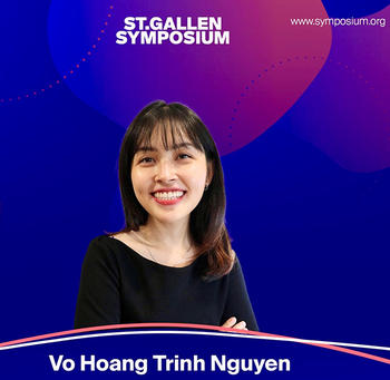 A woman smiles from the middle of a blue poster advertising a symposium.